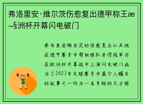 弗洛里安·维尔茨伤愈复出德甲称王欧洲杯开幕闪电破门
